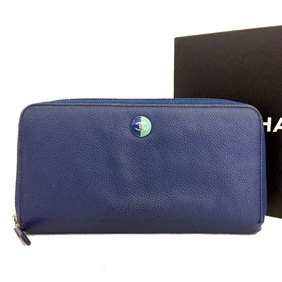 CHANEL Bicolor Coco Button CC Logo Leather Zip Around Long Wallet